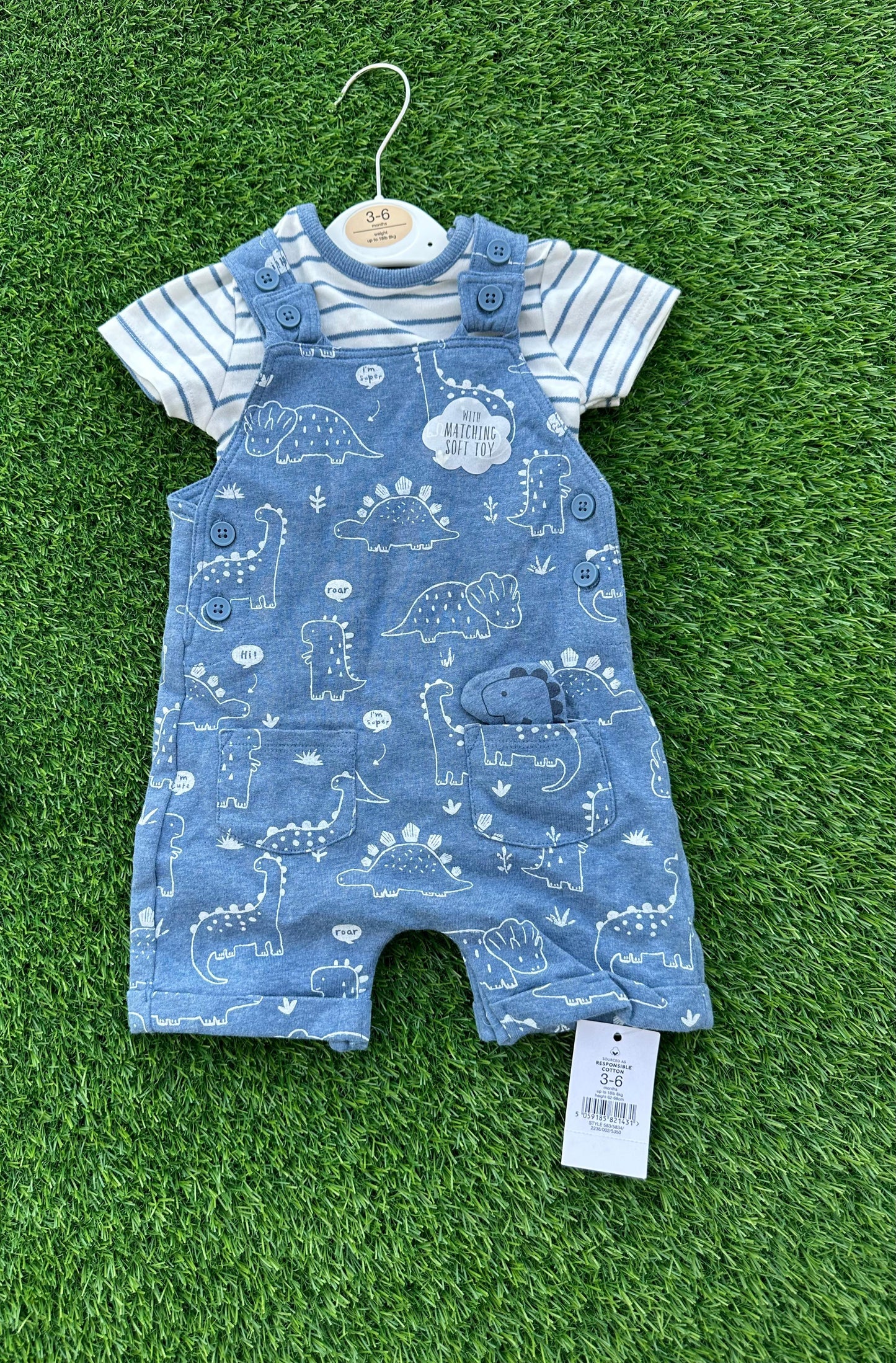 GEORGE LILA & JACK CHAMBARY SHORT OVERALLS SET WITH TRIPED T-SHIRT AND SFOT TOY