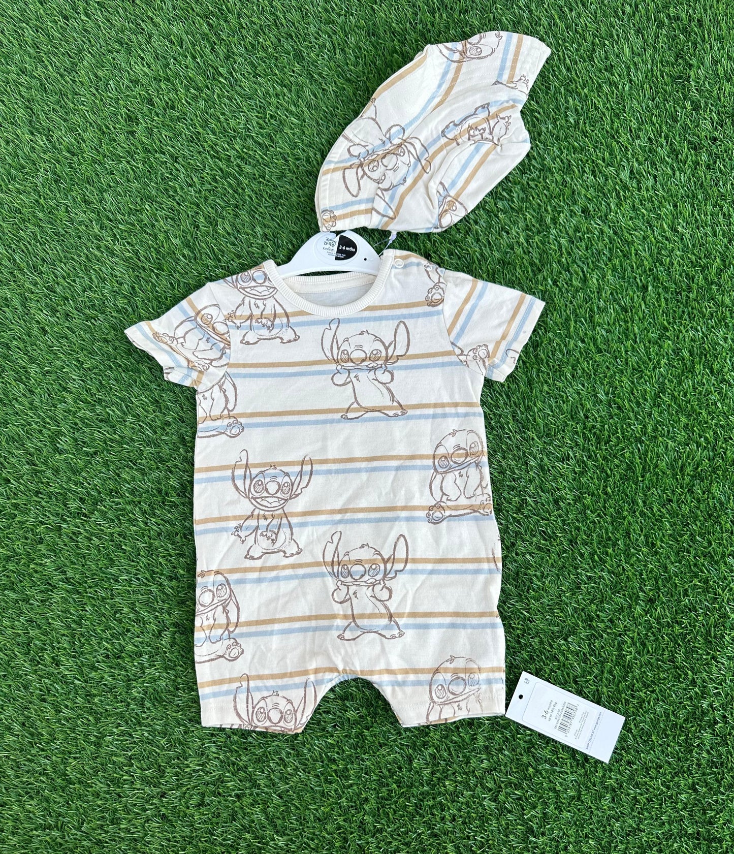 GEORGE LILO & STITCH STRIPED ROMPER AND HAT OUTFIT