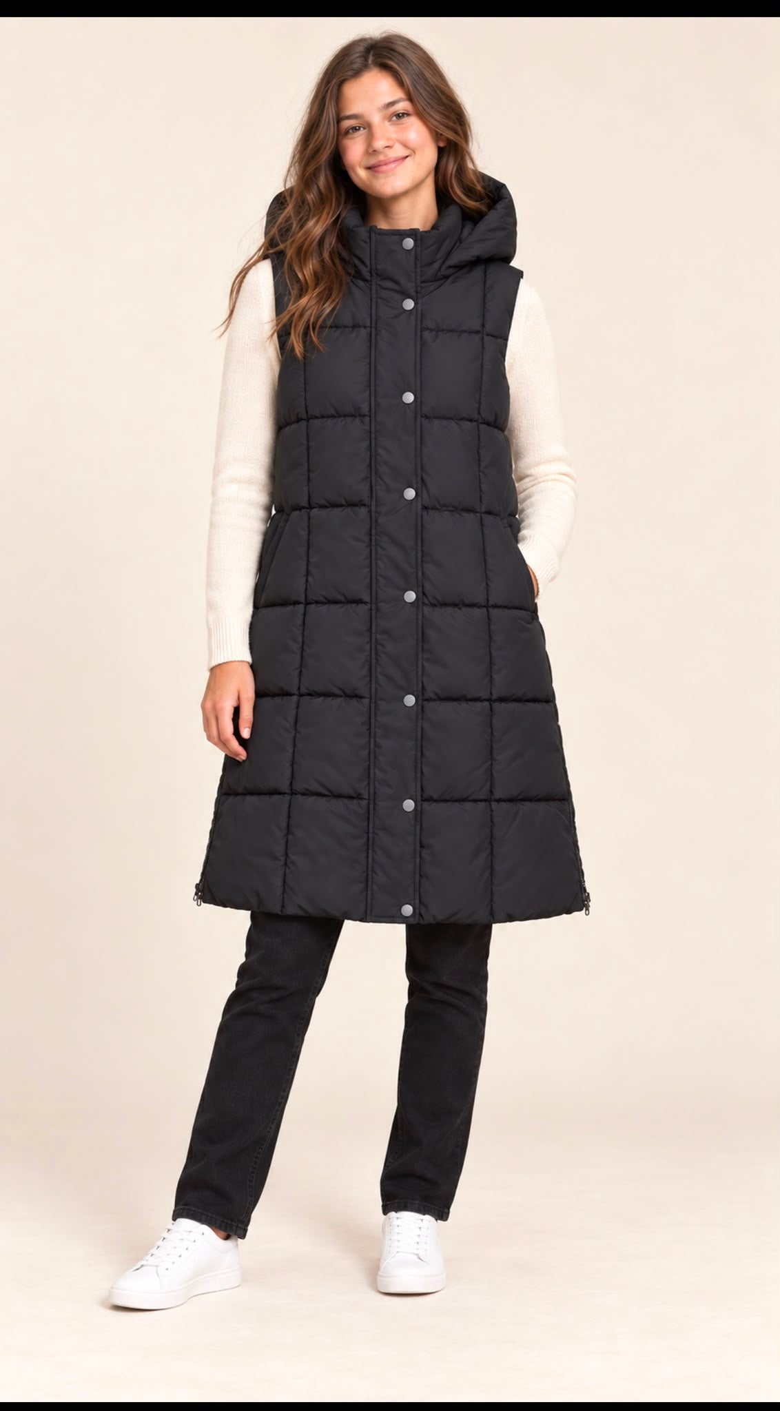 M&S BLACK LONGLINE SLEEVELESS PUFFER JACKET