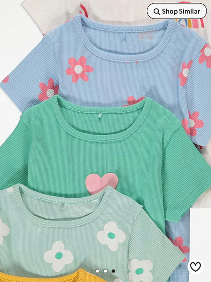 GEORGE BRIGHT HEART FLOWER RAINBOW RIBBED T-SHIRTS PACK OF 7