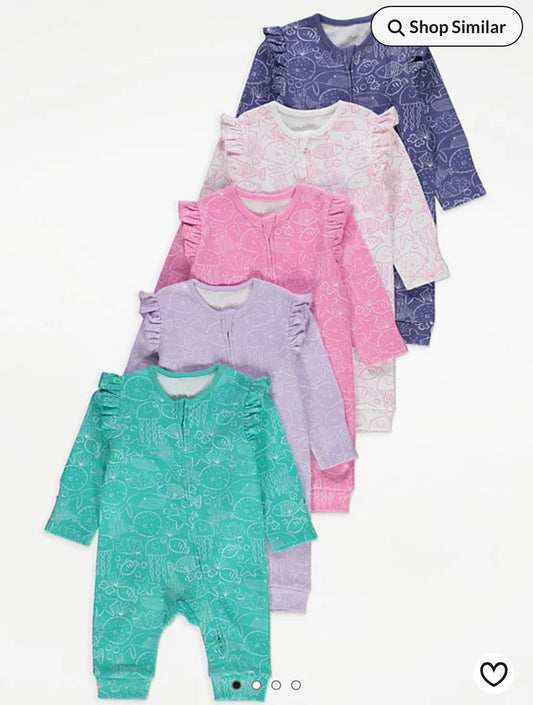GEORGE UNDER THE SEA FRILL SHOULDER FOOTLESS 2 WAY ZIP SLEEPSUIT PACK OF 5