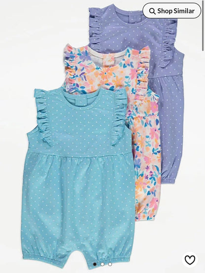 GEORGE SPOTTY FLORAL FRILL ROMPER PACK OF 3