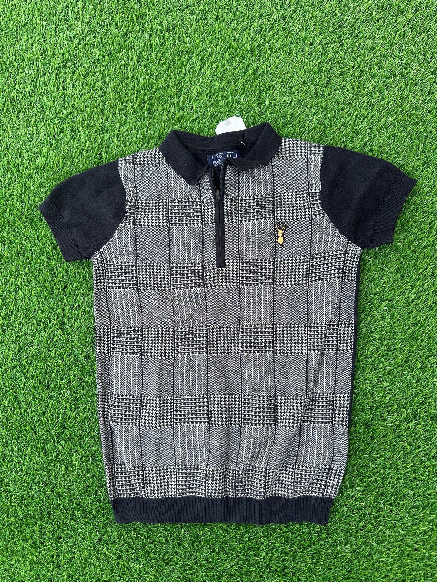 NEXT CHARCOAL GREY CHECKED ZIP NECK SHORT SLEEVE POLO SHIRT