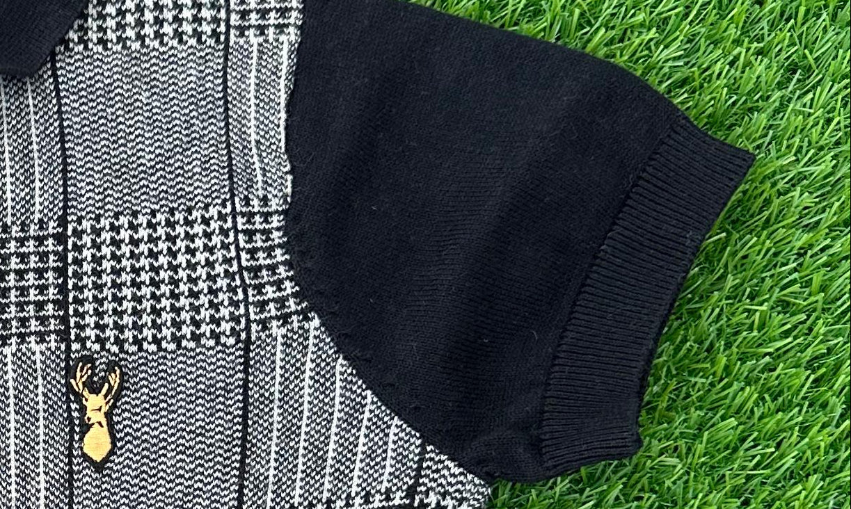 NEXT CHARCOAL GREY CHECKED ZIP NECK SHORT SLEEVE POLO SHIRT