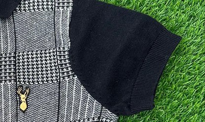 NEXT CHARCOAL GREY CHECKED ZIP NECK SHORT SLEEVE POLO SHIRT