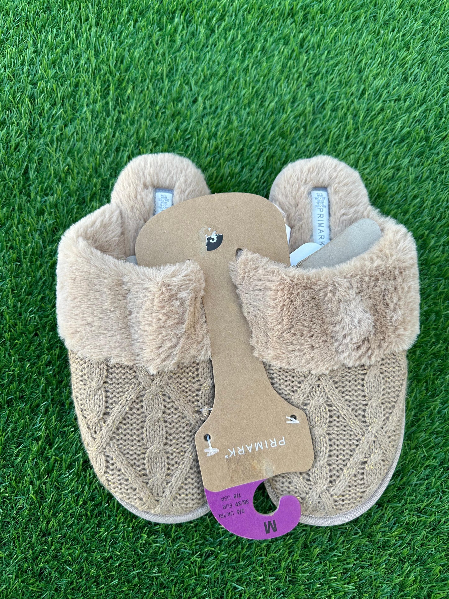 PRIMARK KNITTED MULE SLIPPERS WITH FAUX FUR TRIM