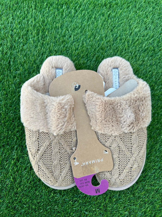 PRIMARK KNITTED MULE SLIPPERS WITH FAUX FUR TRIM