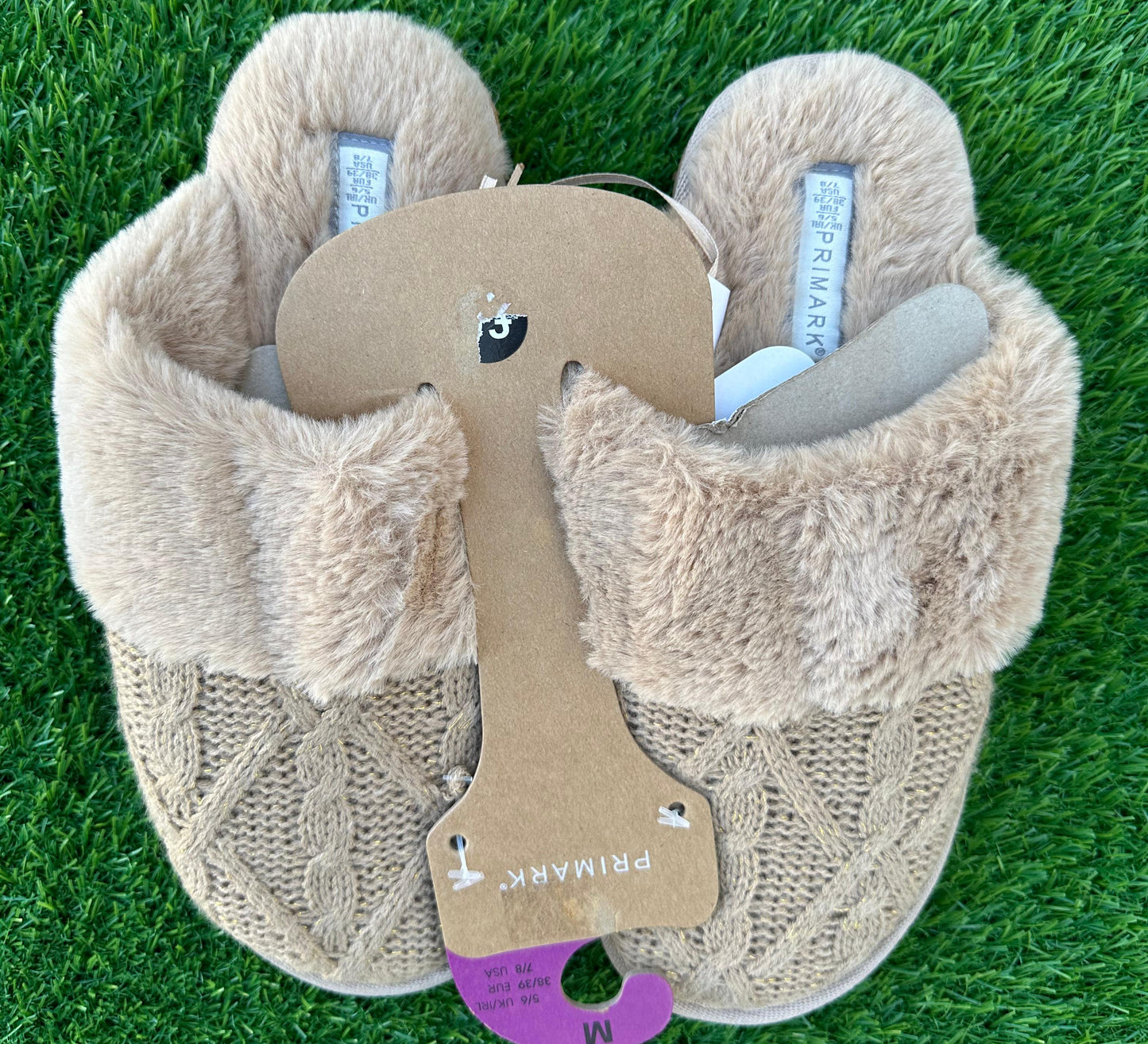 PRIMARK KNITTED MULE SLIPPERS WITH FAUX FUR TRIM