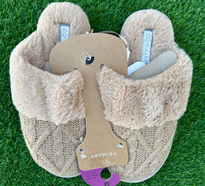 PRIMARK KNITTED MULE SLIPPERS WITH FAUX FUR TRIM