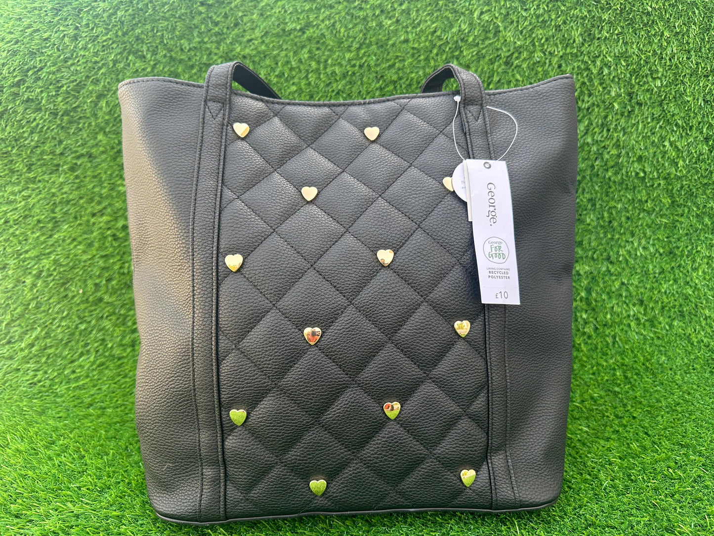 GEORGE BLACK QUILATED TOTE BAG WITH GOLDEN HEART STUDS