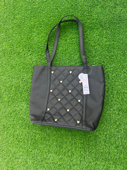 GEORGE BLACK QUILATED TOTE BAG WITH GOLDEN HEART STUDS