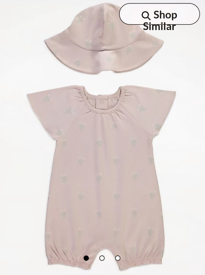 GEORGE DUSTY PINK FLARE SLEEVE FLORAL ROMPER AND HAT OUTFIT