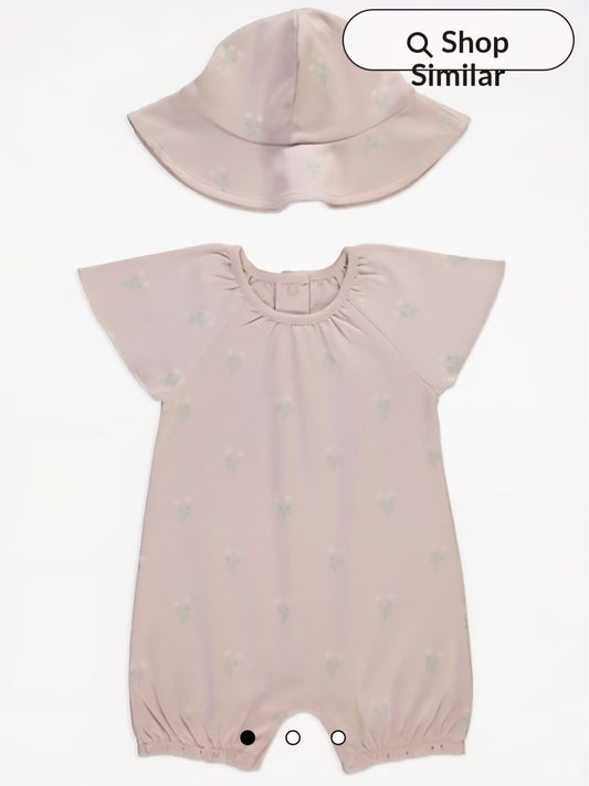 GEORGE DUSTY PINK FLARE SLEEVE FLORAL ROMPER AND HAT OUTFIT