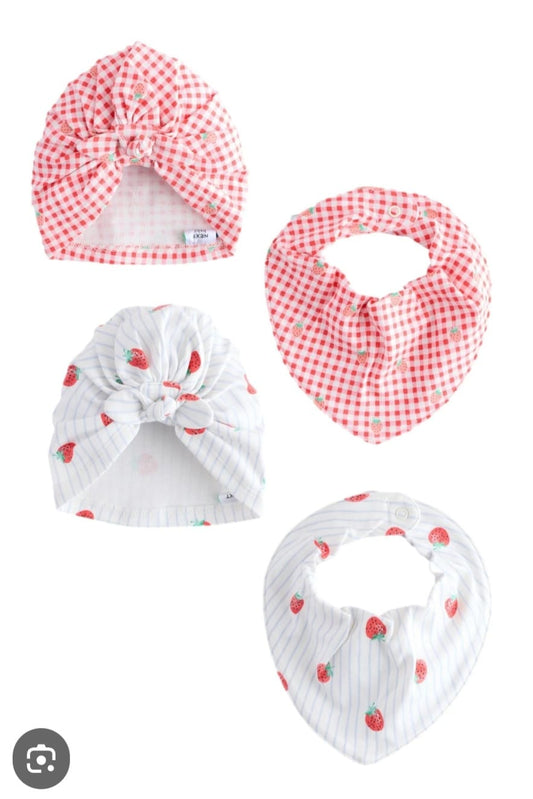 NEXT 4 PIECE BIB & HAT STRAWBERRY SET