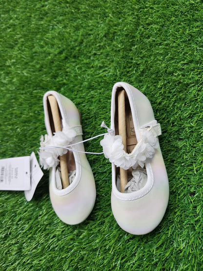 GEORGE WHITE IRIDESCENT CORSAGE FLOWER STRAP BALLET SHOES