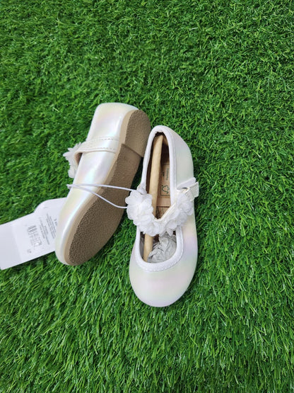 GEORGE WHITE IRIDESCENT CORSAGE FLOWER STRAP BALLET SHOES