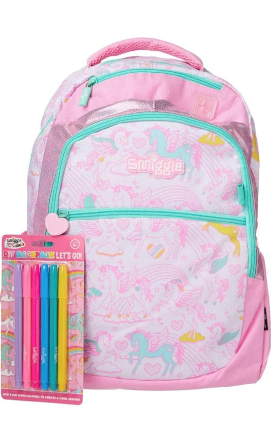SMIGGLE UNICORN PATTREN BAKPACK WITH COLOUR SET PENICLE SET BOTTLE AND 6 LINEED EXERCISE BOOK