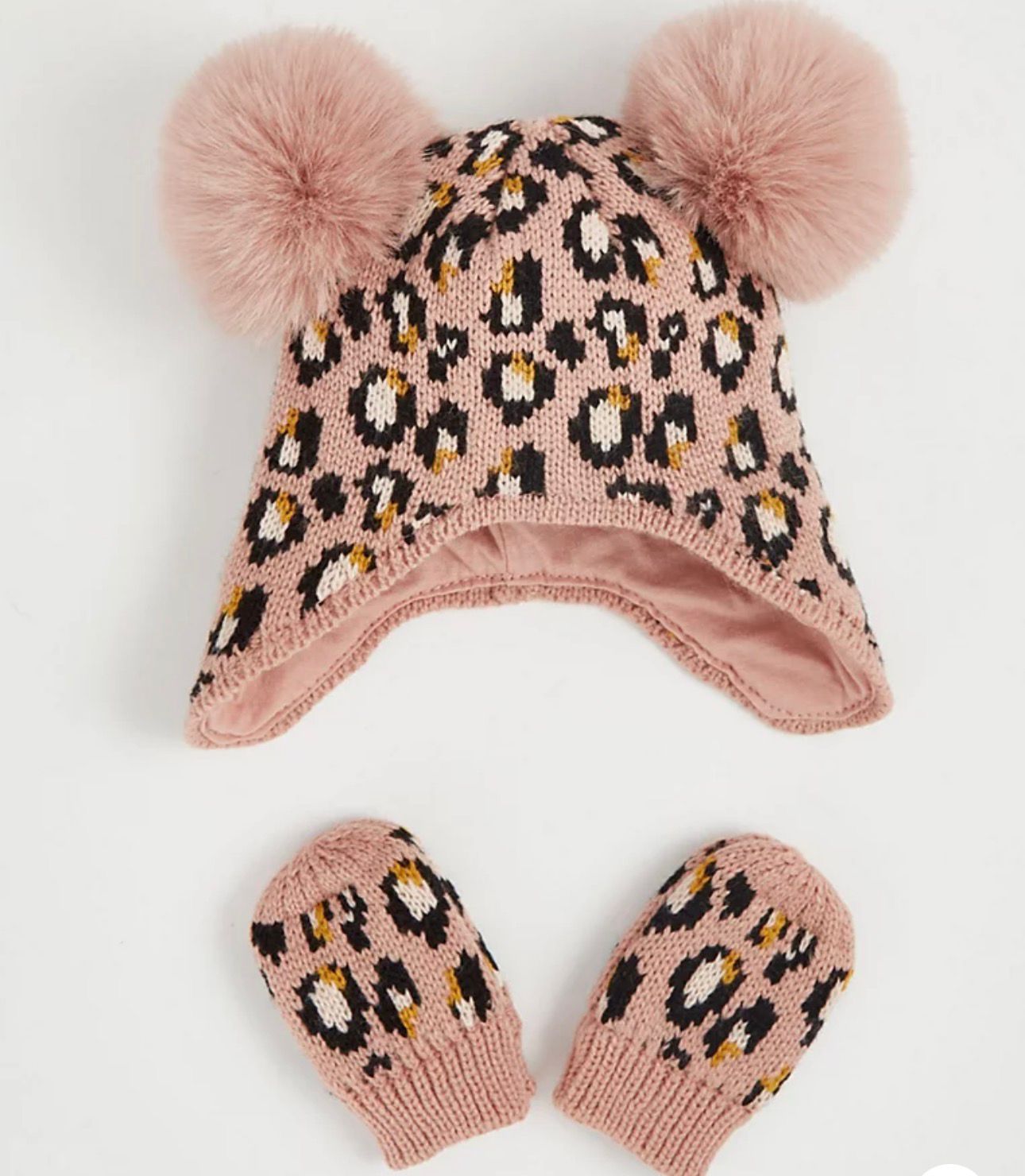 GEORGE PINK ANIMAL PRINT TRAPPER HAT AND MITTENS SET