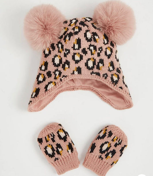 GEORGE PINK ANIMAL PRINT TRAPPER HAT AND MITTENS SET