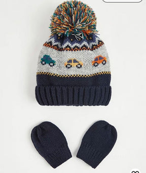 GEORGE NAVY CAR KNITTED BOBBLE HAT AND MITTENS
