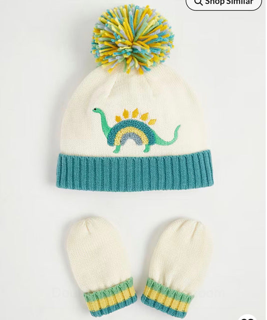 GEORGE VREAM DINOSAUR KNITTED BOBBLE HAT AND MITTENS SET
