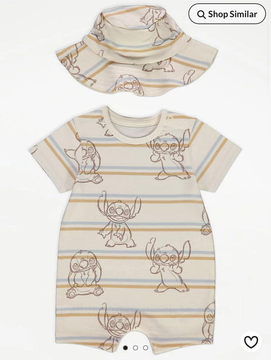GEORGE LILO & STITCH STRIPED ROMPER AND HAT OUTFIT