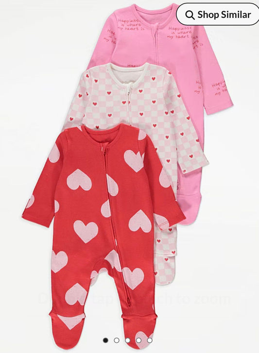 GEORGE HEART 2 WAY ZIP FASTENING SLEEPSUITS PACK OF 3
