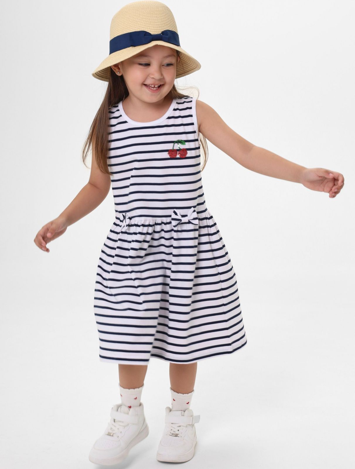 MATALAN STRIPED CHEST SEQUIN CHERRY SHAPE SLEEVELESS ROUND NECK DRESS