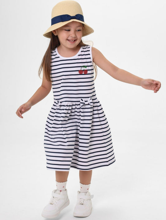 MATALAN STRIPED CHEST SEQUIN CHERRY SHAPE SLEEVELESS ROUND NECK DRESS