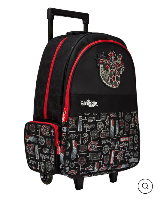 SMIGGLE RED FOOTBALL TROLLY BACKPACK WITH LIGHT UP WHEELS