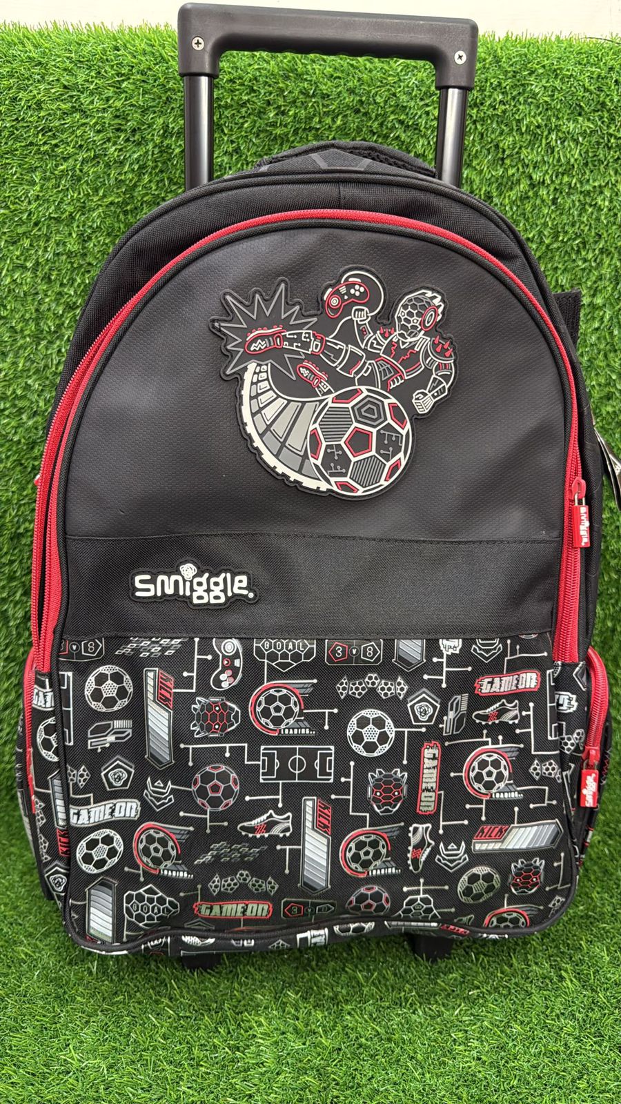 SMIGGLE RED FOOTBALL TROLLY BACKPACK WITH LIGHT UP WHEELS