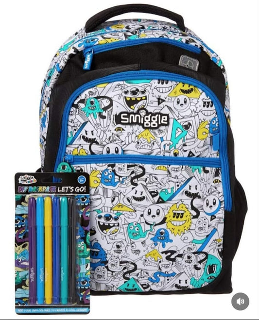 SMIGGLE LETS GO PAINT YOURSELF BACK PACK WITH BOTTLE COLOUR SET PENCILS AND 6 LINNED EXERCISE BOOK