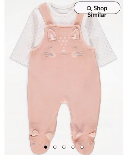 GEORGE PINK CAT DUNGAREES AND HEART LONG SLEEVE BODYSUIT OUTFIT