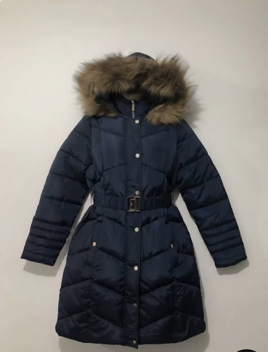 LIPSY LONDON NAVY QUILTED PADDED COAT FAUX FUR HOODIE JACKET