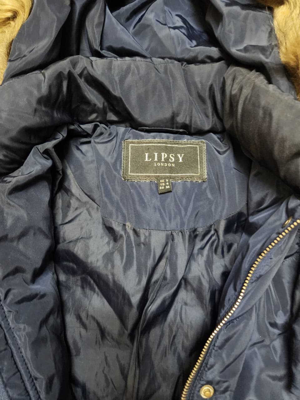 LIPSY LONDON NAVY QUILTED PADDED COAT FAUX FUR HOODIE JACKET