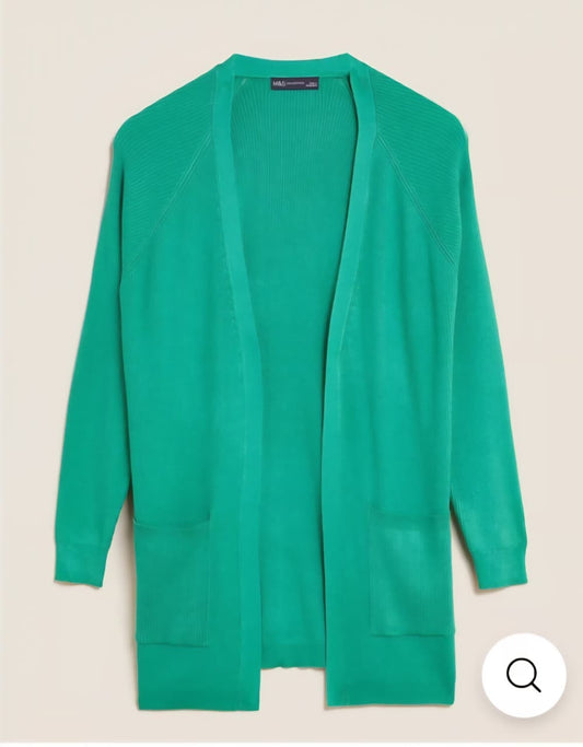 M&S VIBRANT GREEN OPEN FRONT RIBBED KNIT CARDIGEN