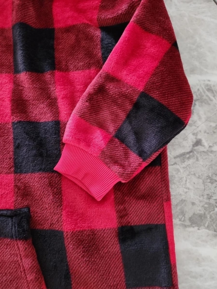 M&S KIDS FLEECE CHECKED OVERSIZED HOODIE