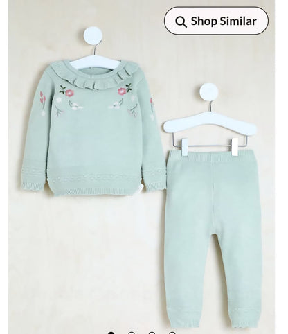 GEORGE BILLIE FAIERS GREEN SCALLOP KNITTED JUMPER AND TROUSERS OUTFIT