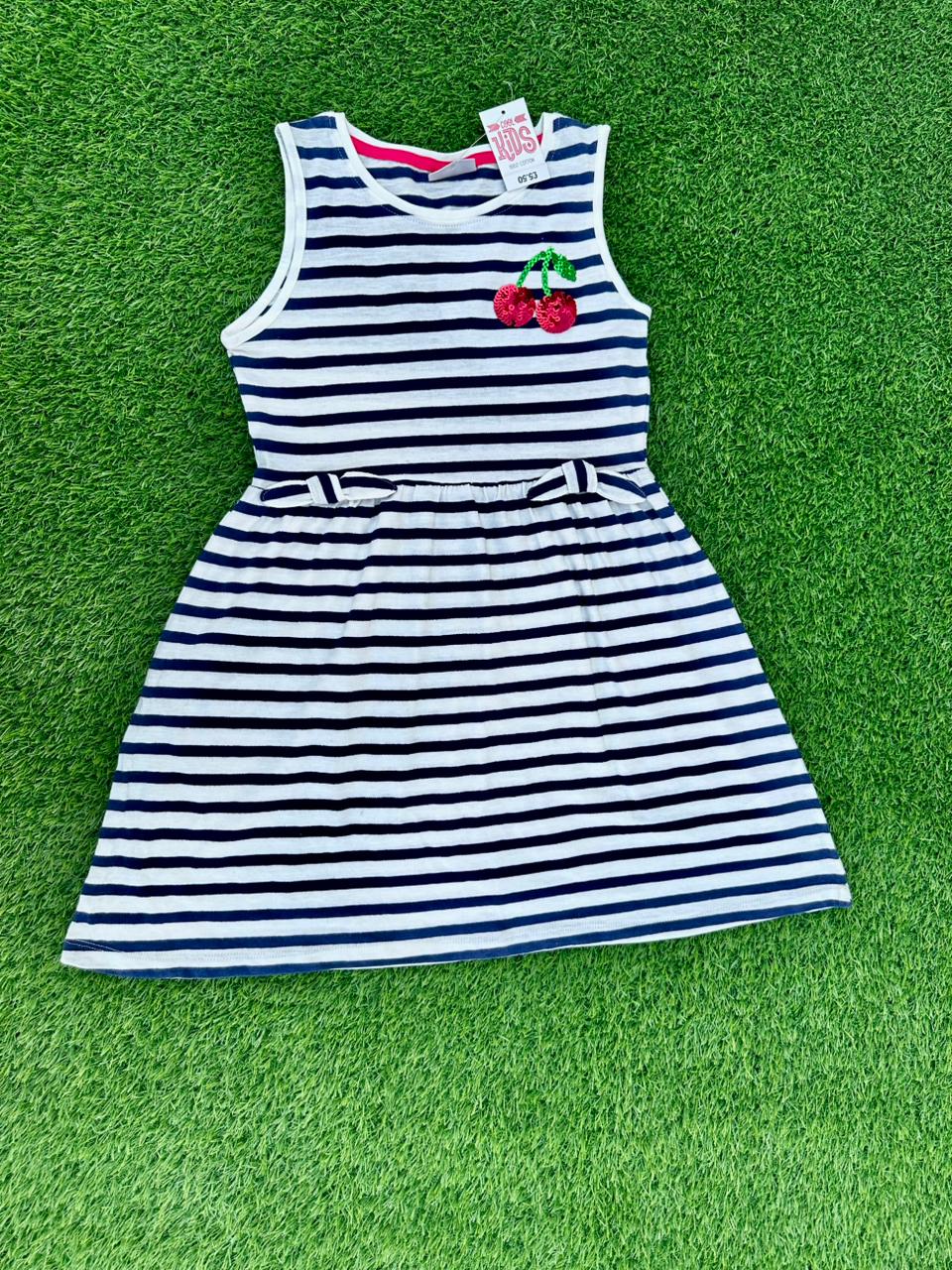 MATALAN STRIPED CHEST SEQUIN CHERRY SHAPE SLEEVELESS ROUND NECK DRESS